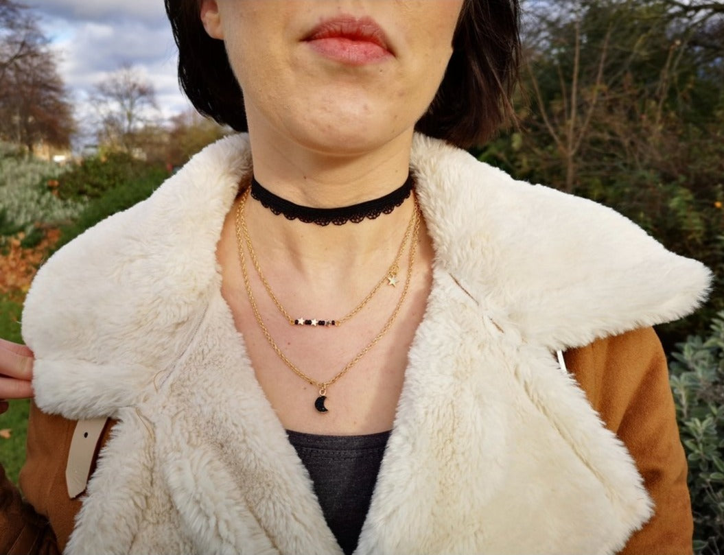 Three Strand Black and Gold Layered Necklace