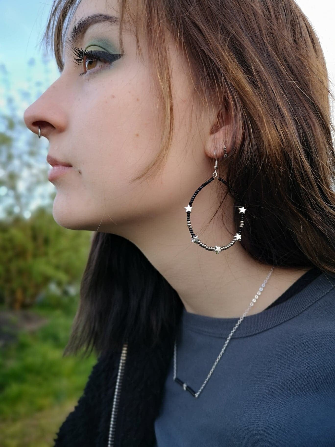 Silver Black Beaded Earrings