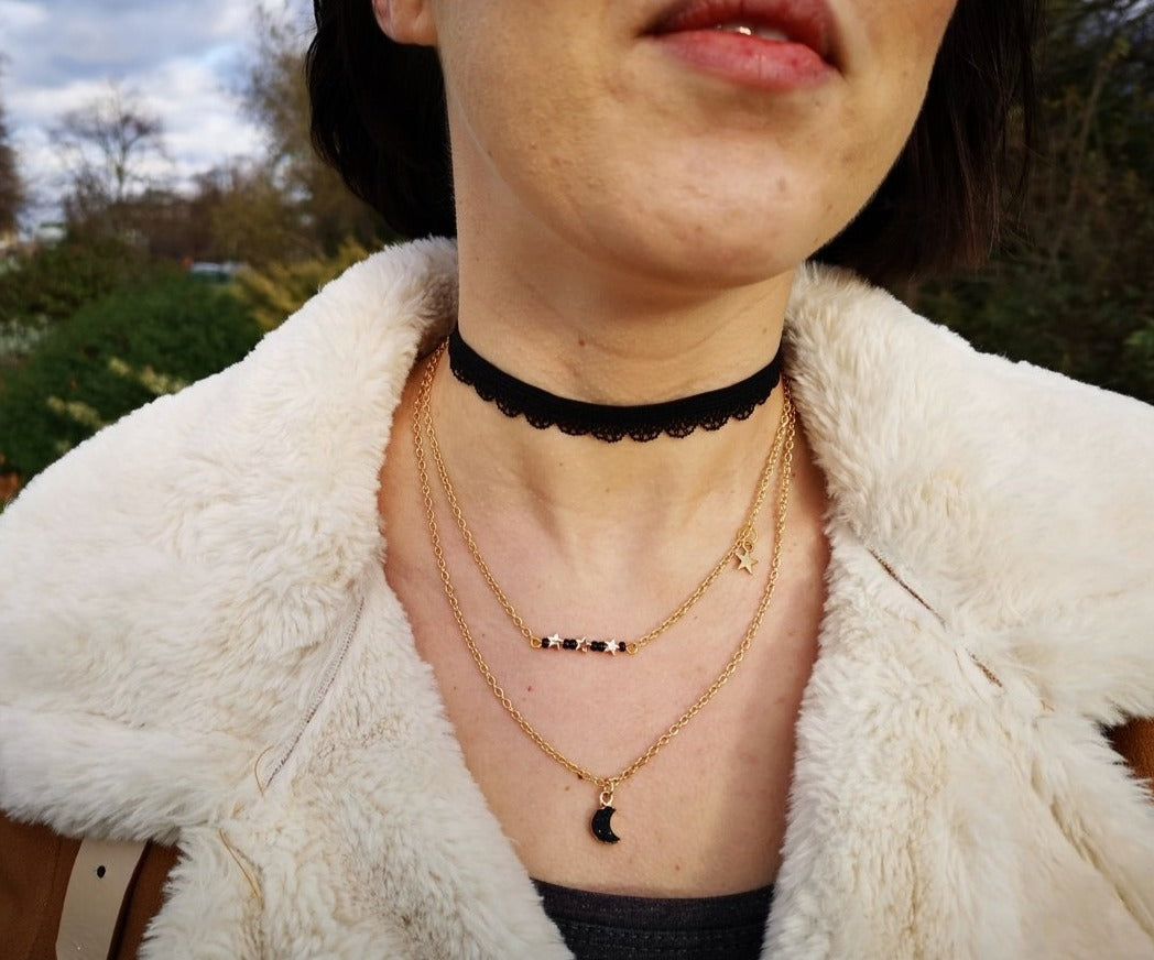 Three Strand Black and Gold Layered Necklace