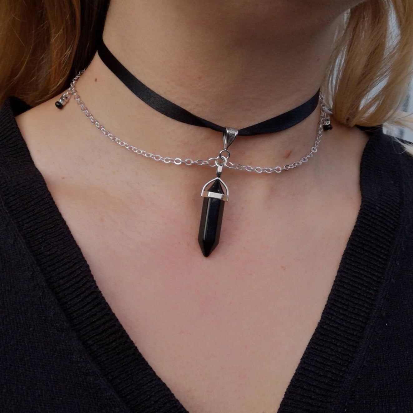 Two Tier Black Agate Pendant Necklace