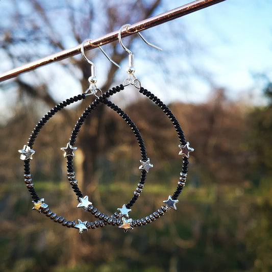 Silver Black Beaded Earrings
