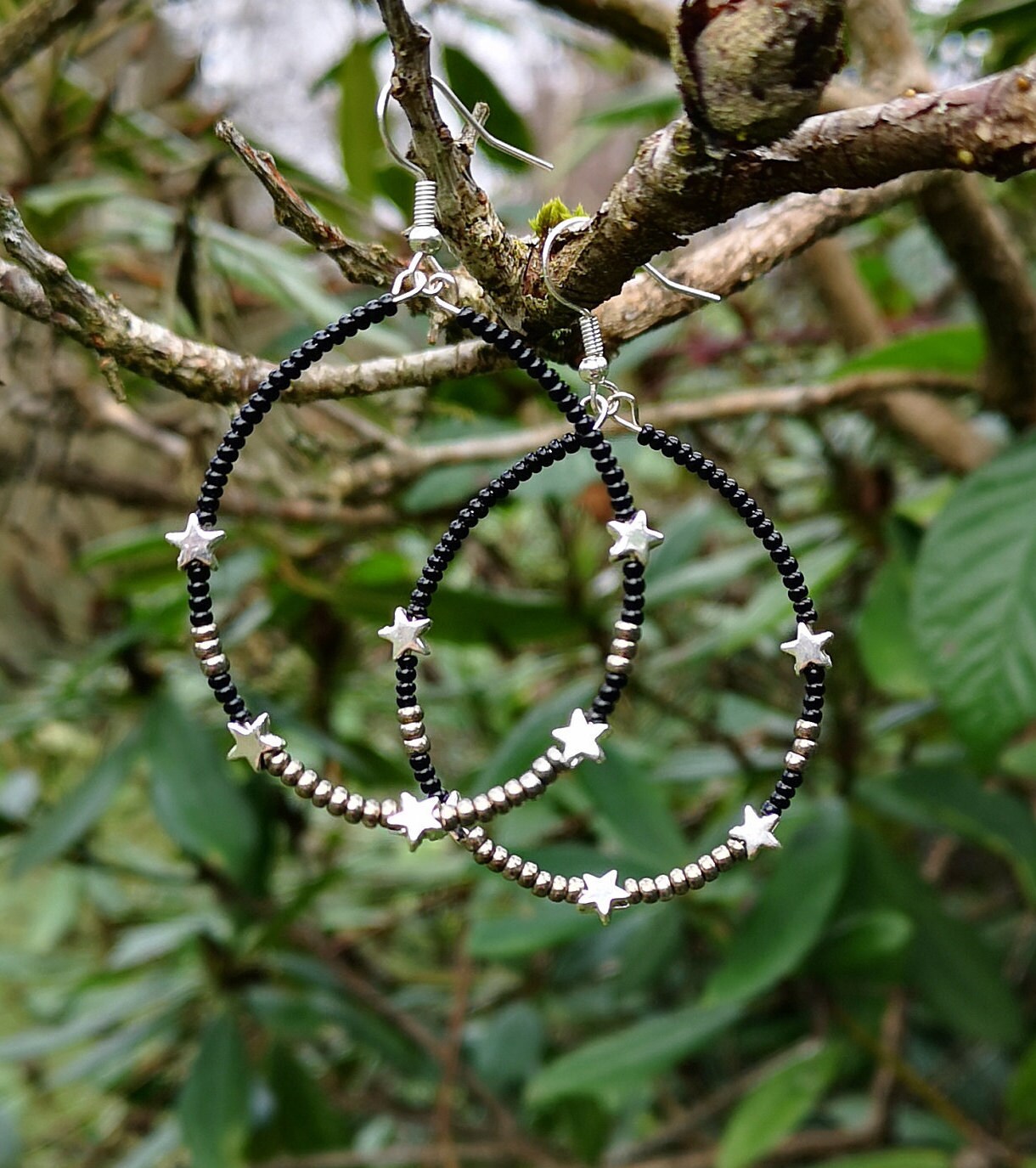 Silver Black Beaded Earrings