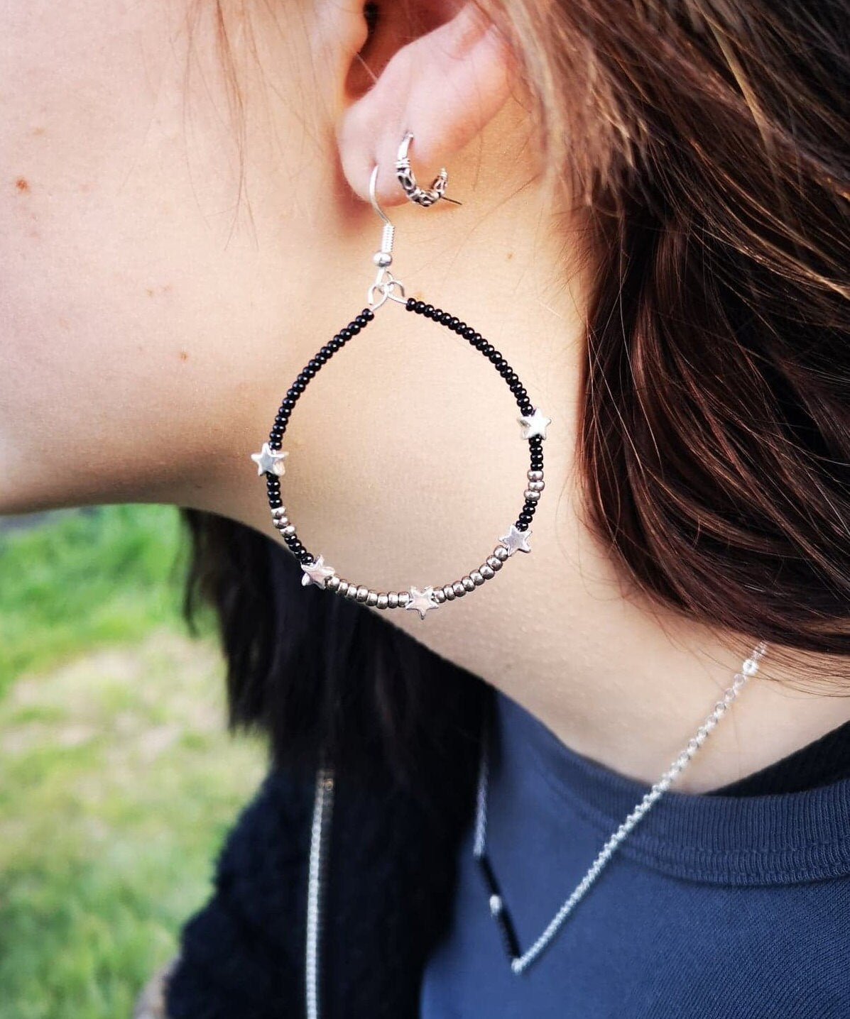 Silver Black Beaded Earrings