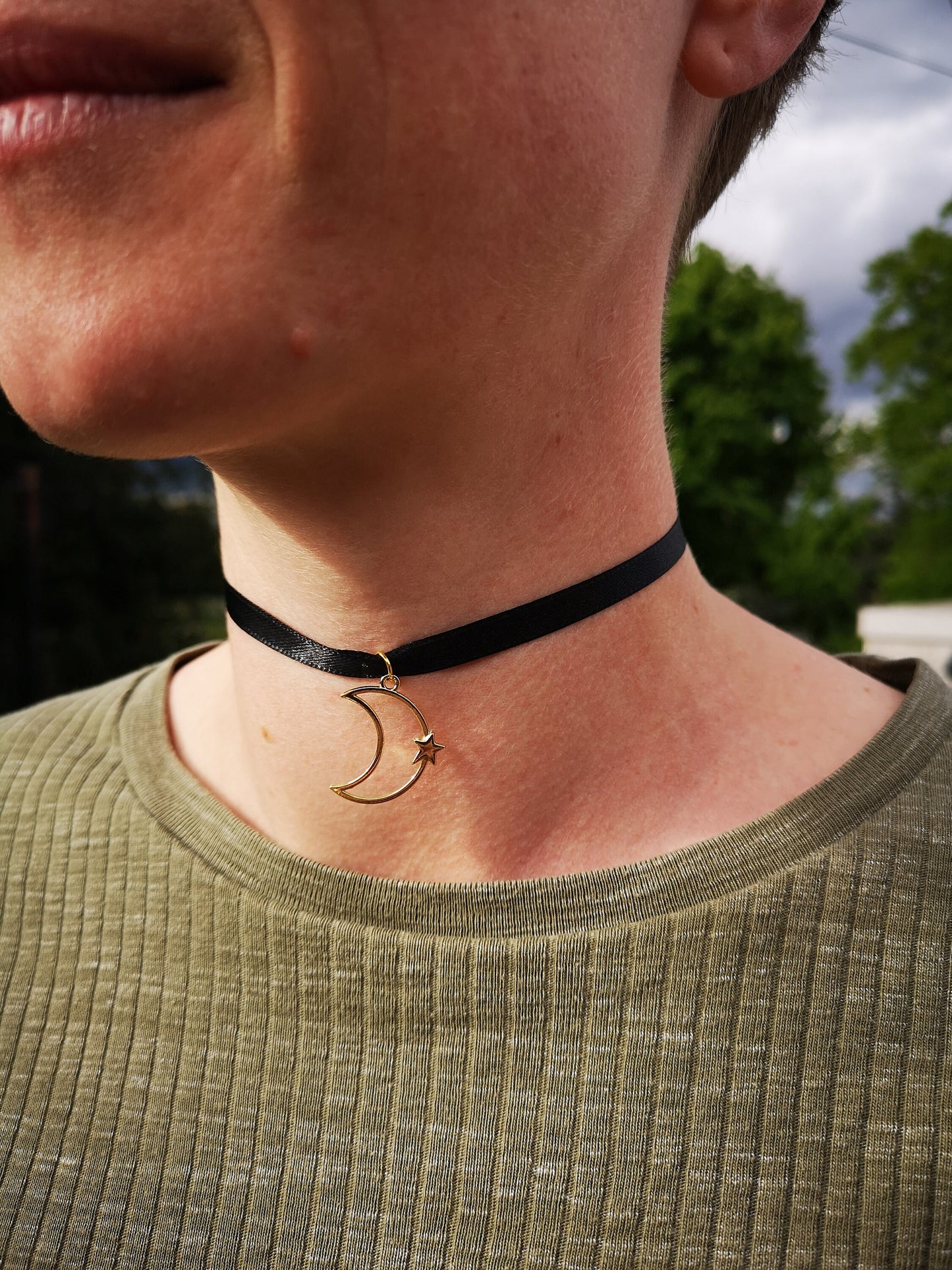 Gold Moon and Star Choker Necklace/Day Collar