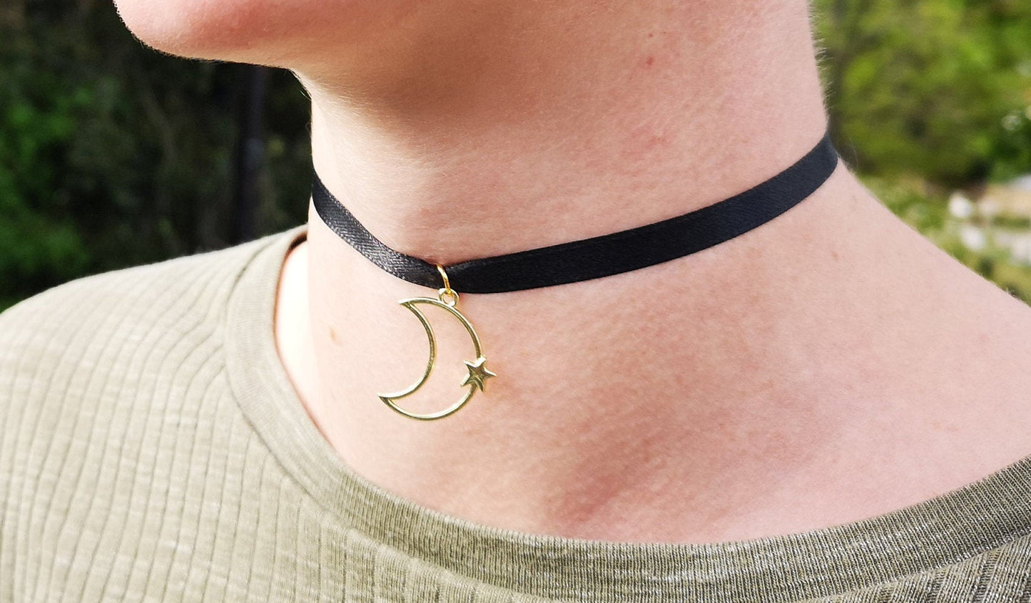 Gold Moon and Star Choker Necklace/Day Collar