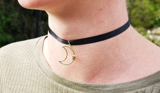 Gold Moon and Star Choker Necklace/Day Collar