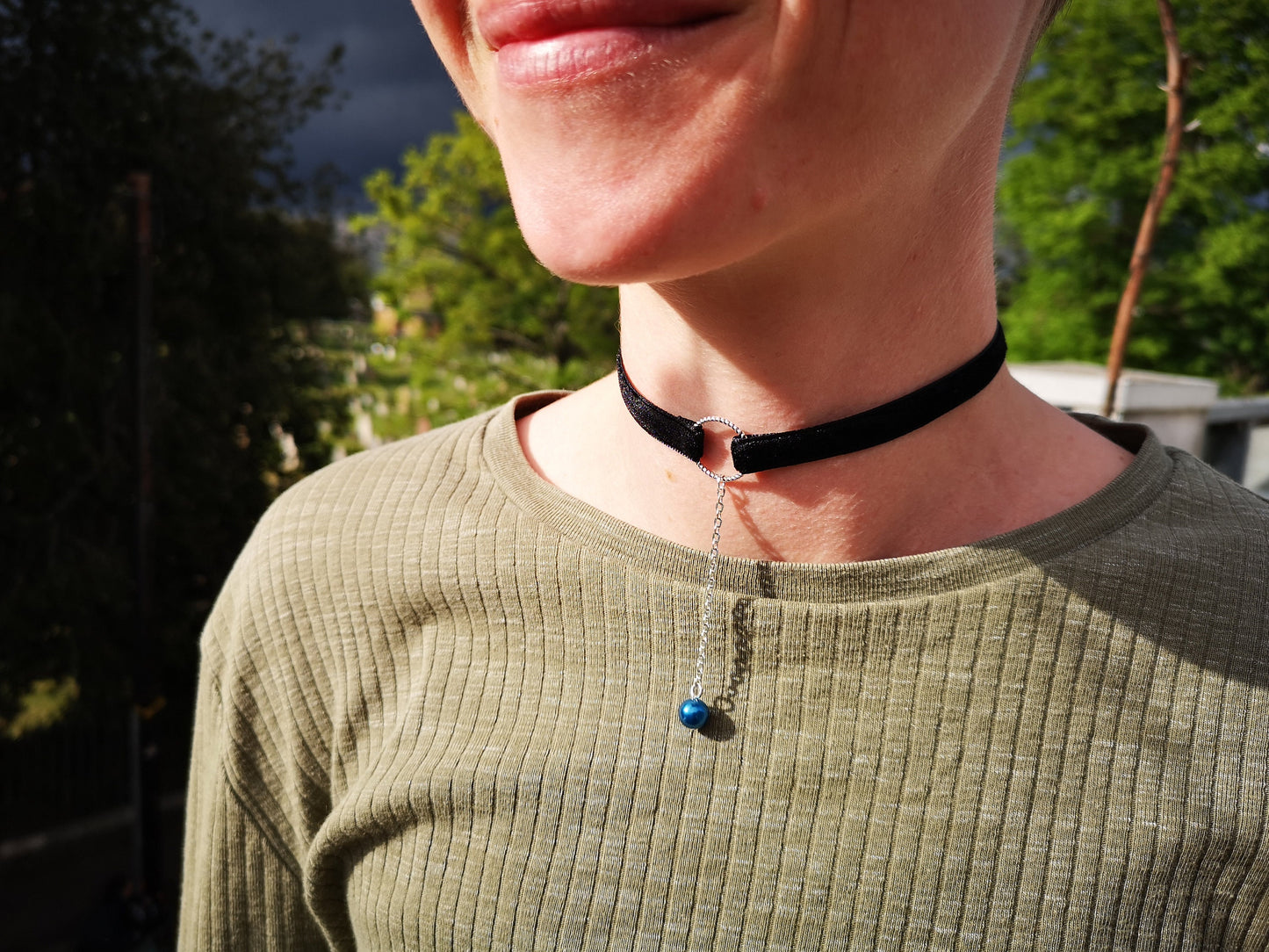 Teal Pearl, Silver O Velvet Choker/Day Collar Necklace