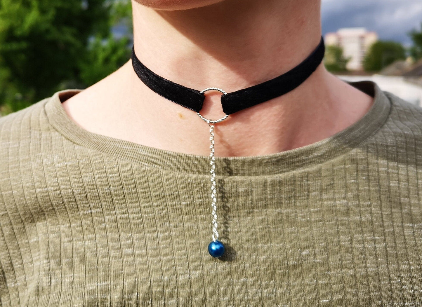 Teal Pearl, Silver O Velvet Choker/Day Collar Necklace