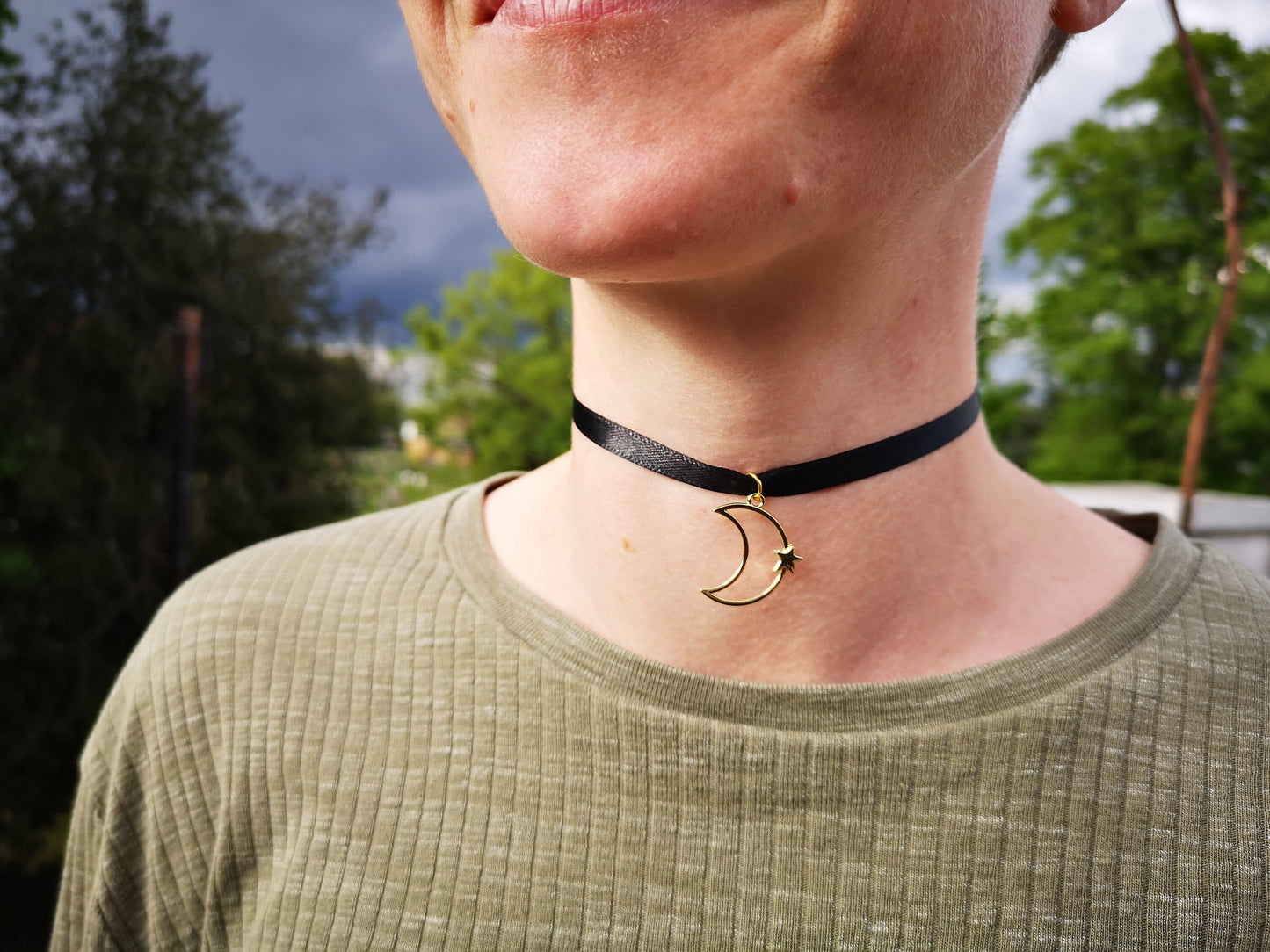 Gold Moon and Star Choker Necklace/Day Collar