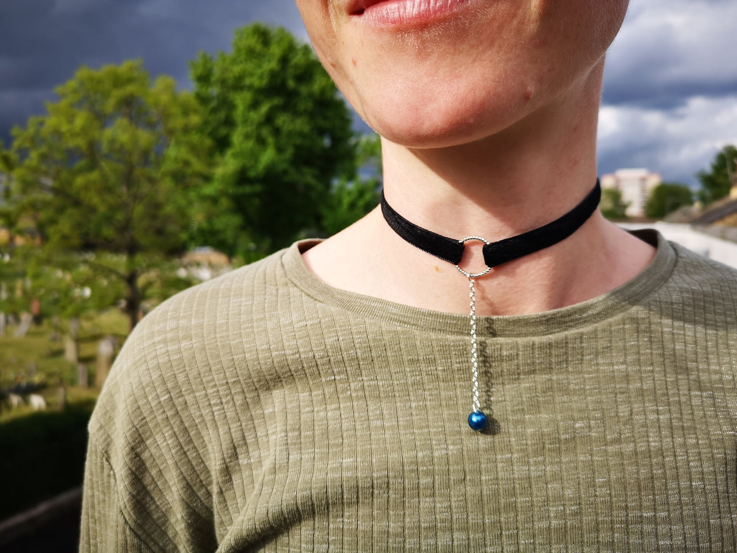 Teal Pearl, Silver O Velvet Choker/Day Collar Necklace